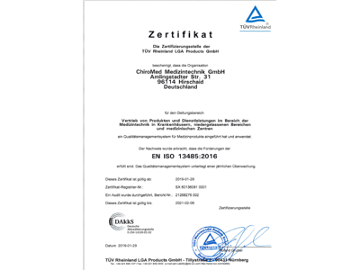 Zertifikat EN ISO 13485:2016